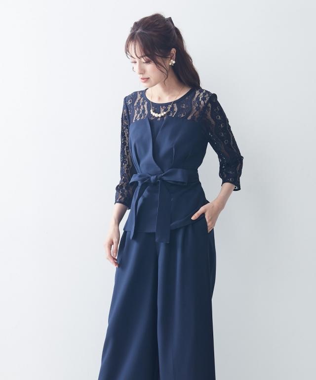 ドレス パンツ 大きいサイズ レディース 結婚式 パーティー オケージョン Callarus デザイン レース ブラウス ＋ワイド セットアップ 有 ネイビー/ブルーグレー/ベージュ 5L/8L ニッセン nissen agesugi_sfaの通販は