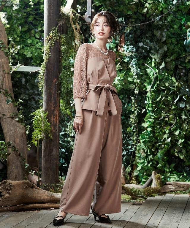 ドレス パンツ 大きいサイズ レディース 結婚式 パーティー オケージョン Callarus デザイン レース ブラウス ＋ワイド セットアップ 有 ネイビー/ブルーグレー/ベージュ 5L/8L ニッセン nissen agesugi_sfaの通販は