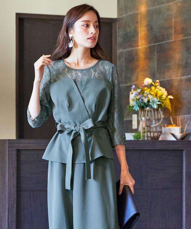 ドレス パンツ 大きいサイズ レディース 結婚式 パーティー オケージョン Callarus デザイン レース ブラウス ＋ワイド セットアップ 有 ネイビー/ブルーグレー/ベージュ 5L/8L ニッセン nissen agesugi_sfaの通販は