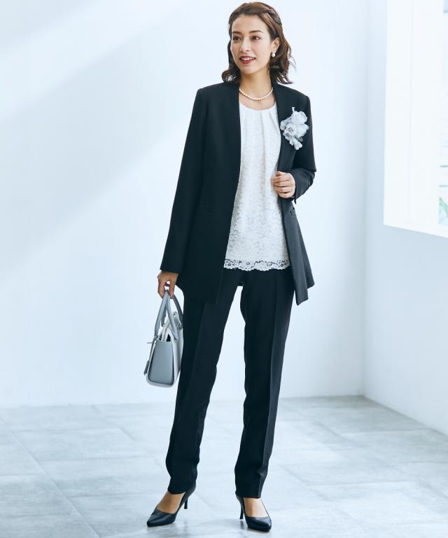 フォーマル 2点セット トールサイズ レディース 入学式 卒業式 ロング丈 ジャケット ＋ パンツ 黒 M/L ニッセン nissen agesugi_sfaの通販は