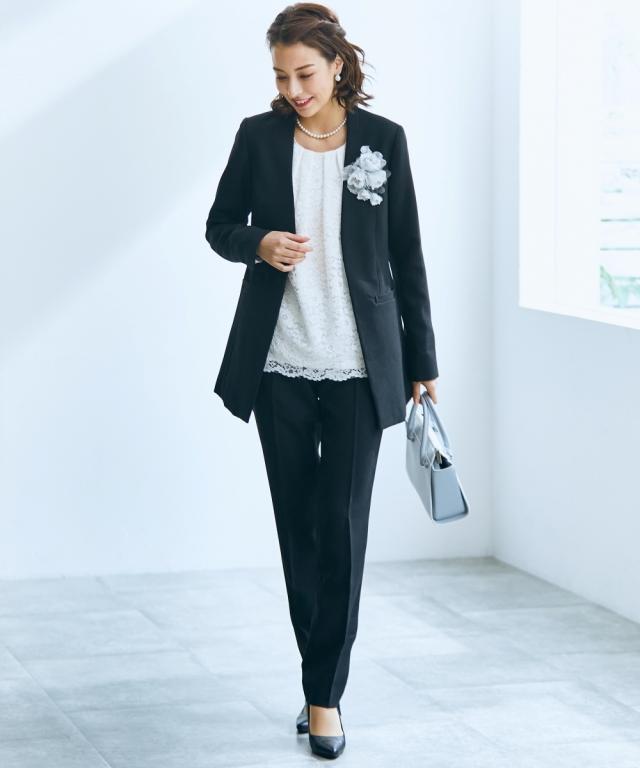 フォーマル 2点セット トールサイズ レディース 入学式 卒業式 ロング丈 ジャケット ＋ パンツ 黒 M/L ニッセン nissen agesugi_sfaの通販は