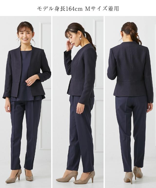 フォーマル 3点セット 大きいサイズ レディース 入学式 卒業式 ツイード調 ノーカラー ジャケット ＋ タップ ペプラム ブラウス ＋ テーパード パンツ オフベージュ系＋黒＋黒/ネイビー系＋ネイビー＋ネイビー 4L/5L/6L ニッセン nissen agesugi_sfaの通販は