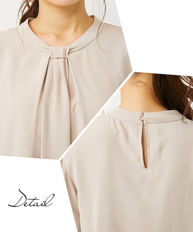 フォーマル 3点セット 大きいサイズ レディース 入学式 卒業式 タック ボウタイ風 デザイン ブラウス + ノーカラー ジャケット + テーパード パンツ ネイビー＋グレージュ＋ネイビー/黒＋オフ＋黒 4L/5L/6L ニッセン nissen agesugi_sfaの通販は