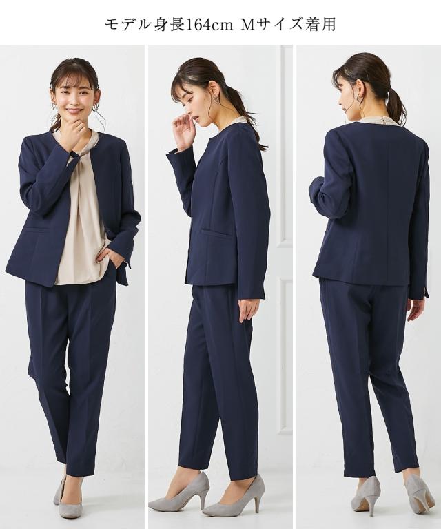 フォーマル 3点セット 大きいサイズ レディース 入学式 卒業式 タック ボウタイ風 デザイン ブラウス + ノーカラー ジャケット + テーパード パンツ ネイビー＋グレージュ＋ネイビー/黒＋オフ＋黒 4L/5L/6L ニッセン nissen agesugi_sfaの通販は