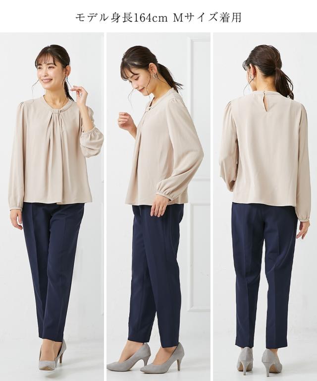 フォーマル 3点セット 大きいサイズ レディース 入学式 卒業式 タック ボウタイ風 デザイン ブラウス + ノーカラー ジャケット + テーパード パンツ ネイビー＋グレージュ＋ネイビー/黒＋オフ＋黒 4L/5L/6L ニッセン nissen agesugi_sfaの通販は