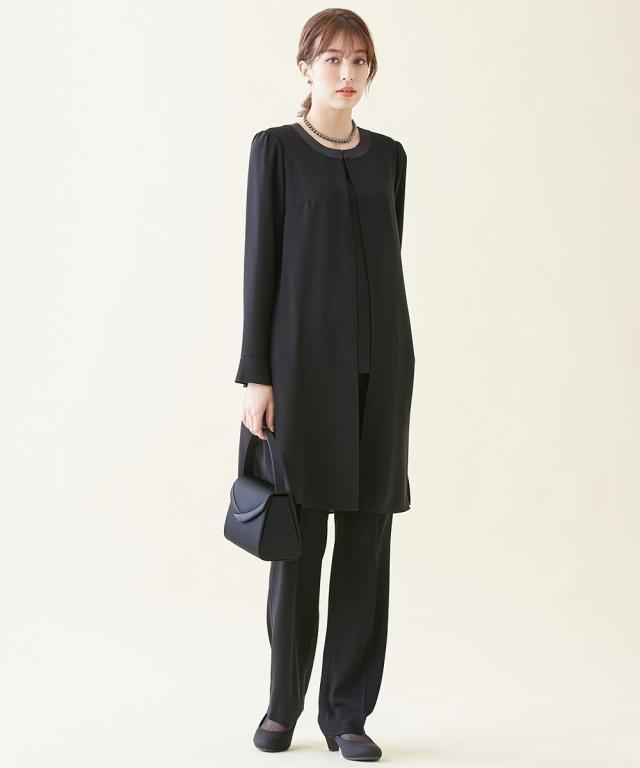喪服 礼服 スーツ トールサイズ レディース 洗える ロング 重ね着風 ブラウス ＋ パンツ 接触冷感 防しわ 夏 黒 M/L ニッセン nissen_2