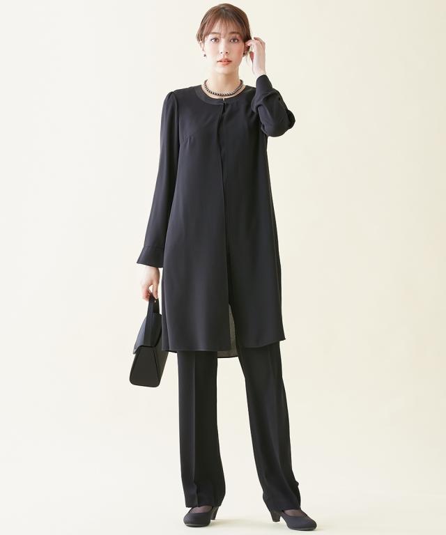 喪服 礼服 スーツ トールサイズ レディース 洗える ロング 重ね着風 ブラウス ＋ パンツ 接触冷感 防しわ 夏 黒 M/L ニッセン nissen_3