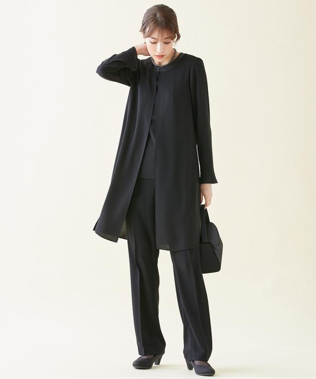 喪服 礼服 スーツ トールサイズ レディース 洗える ロング 重ね着風 ブラウス ＋ パンツ 接触冷感 防しわ 夏 黒 M/L ニッセン nissen_4