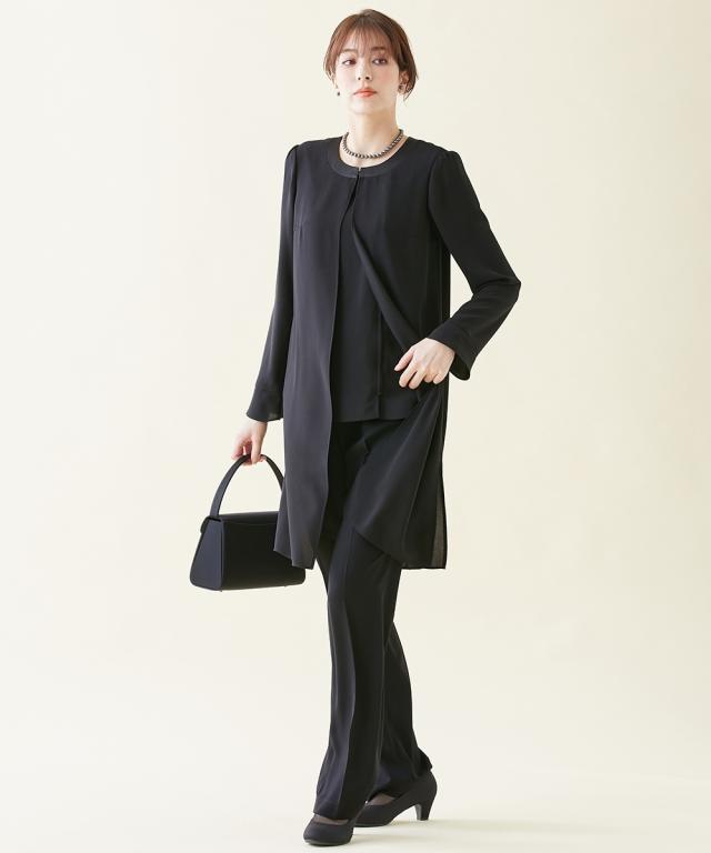 喪服 礼服 スーツ トールサイズ レディース 洗える ロング 重ね着風 ブラウス ＋ パンツ 接触冷感 防しわ 夏 黒 M/L ニッセン nissen_7