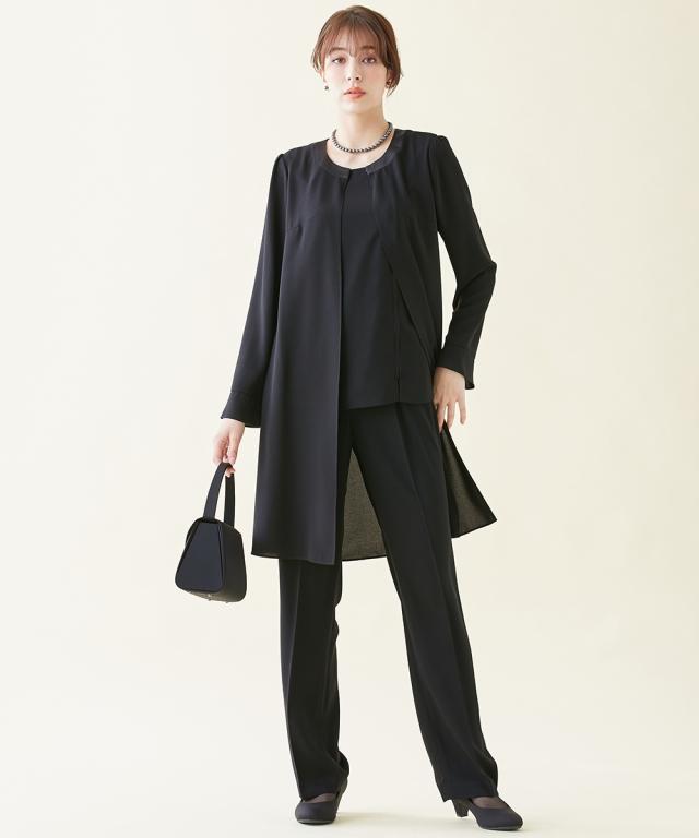 喪服 礼服 スーツ トールサイズ レディース 洗える ロング 重ね着風 ブラウス ＋ パンツ 接触冷感 防しわ 夏 黒 M/L ニッセン nissen_8