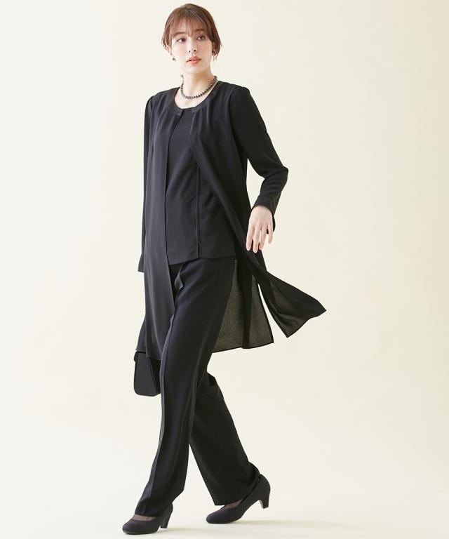 喪服 礼服 スーツ トールサイズ レディース 洗える ロング 重ね着風 ブラウス ＋ パンツ 接触冷感 防しわ 夏 黒 M/L ニッセン nissen_9