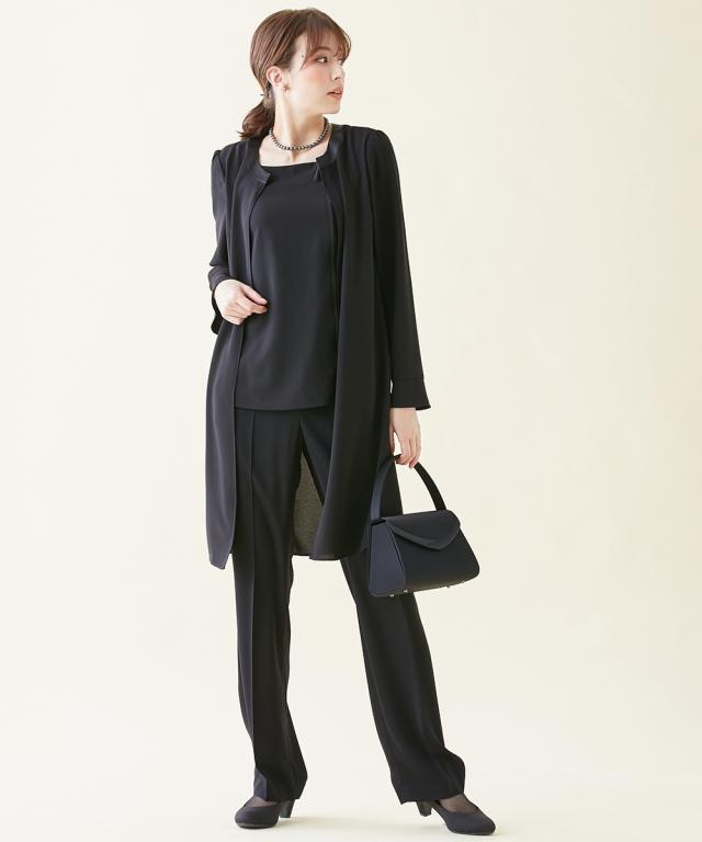 喪服 礼服 スーツ トールサイズ レディース 洗える ロング 重ね着風 ブラウス ＋ パンツ 接触冷感 防しわ 夏 黒 M/L ニッセン nissen_10