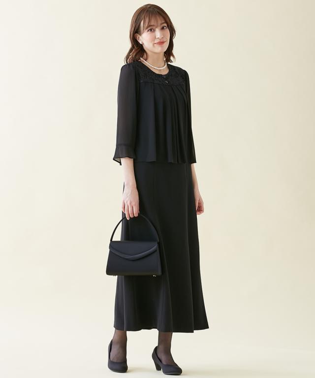 ワンピース トールサイズ レディース 喪服 礼服 洗える レース使い 重ね着風 前開き 7分袖 マキシ 接触冷感 防しわ 夏 M/L ニッセン nissen_2