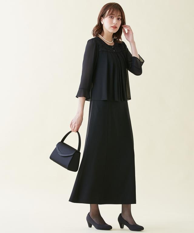 ワンピース トールサイズ レディース 喪服 礼服 洗える レース使い 重ね着風 前開き 7分袖 マキシ 接触冷感 防しわ 夏 M/L ニッセン nissen_3