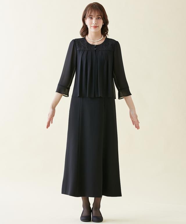 ワンピース トールサイズ レディース 喪服 礼服 洗える レース使い 重ね着風 前開き 7分袖 マキシ 接触冷感 防しわ 夏 M/L ニッセン nissen_16