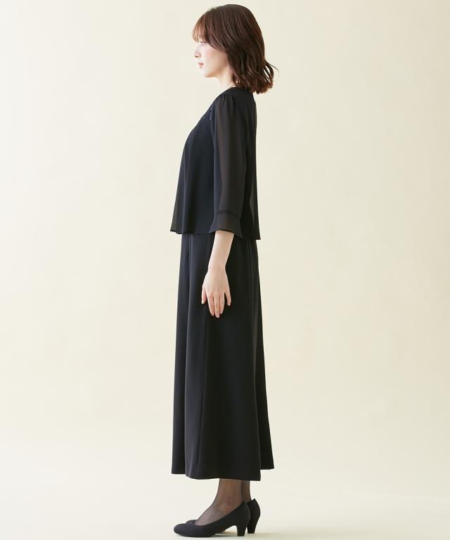 ワンピース トールサイズ レディース 喪服 礼服 洗える レース使い 重ね着風 前開き 7分袖 マキシ 接触冷感 防しわ 夏 M/L ニッセン nissen_17