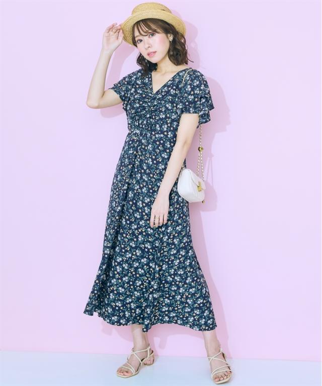 ワンピース ロング マキシ 大きいサイズ レディース センタードロストフラワー プリント marun 6L/8L/10L ニッセン nissen ワンピース ロング マキシ 大きいサイズ レディース センタードロスト