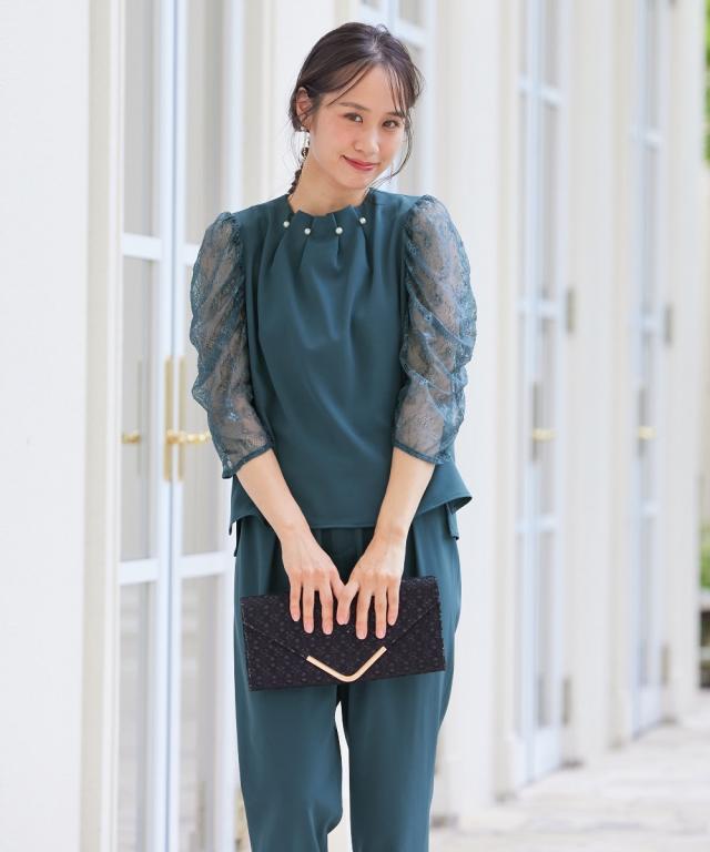 ドレス パンツ レディース 結婚式 パーティー パール調ネック ブラウス