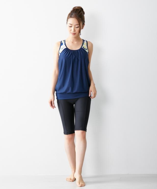 水着 レディース ブラ一体型 タンクトップ 2点セット ネイビー/ブラック 4L/5L/6L/8L/10L ニッセン nissen agesugi_sfaの通販は