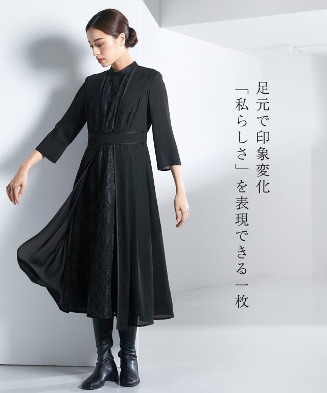 喪服 ワンピース レディース 礼服 Callarus 日本製生地使用洗える防しわフロント レース 切替 デザイン 有 黒 S/M/L ニッセン nissen_9