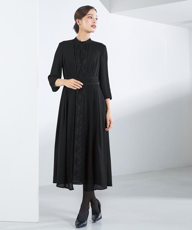 喪服 ワンピース レディース 礼服 Callarus 日本製生地使用洗える防しわフロント レース 切替 デザイン 有 黒 S/M/L ニッセン nissen_14