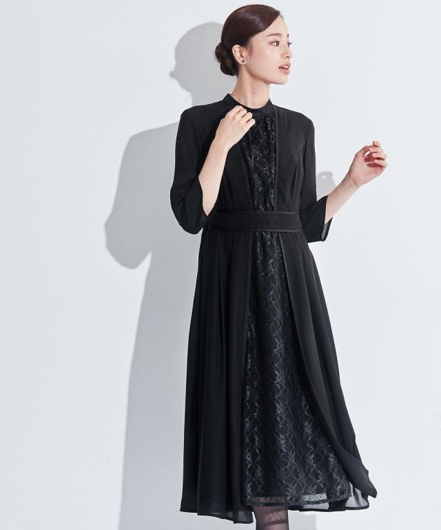 喪服 ワンピース レディース 礼服 Callarus 日本製生地使用洗える防しわフロント レース 切替 デザイン 有 黒 S/M/L ニッセン nissen_15