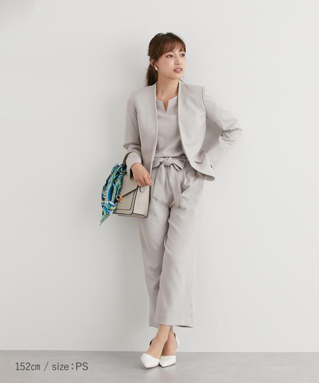 スーツ パンツ 小さいサイズ レディース ドビー素材 セットアップ 3点セット ノーカラー ジャケット ＋フレア袖 ブラウス ＋リボン付ワイド ニッセン nissen_12