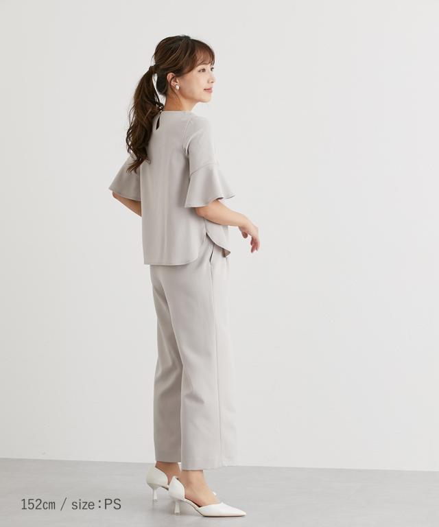 スーツ パンツ 小さいサイズ レディース ドビー素材 セットアップ 3点セット ノーカラー ジャケット ＋フレア袖 ブラウス ＋リボン付ワイド ニッセン nissen_13