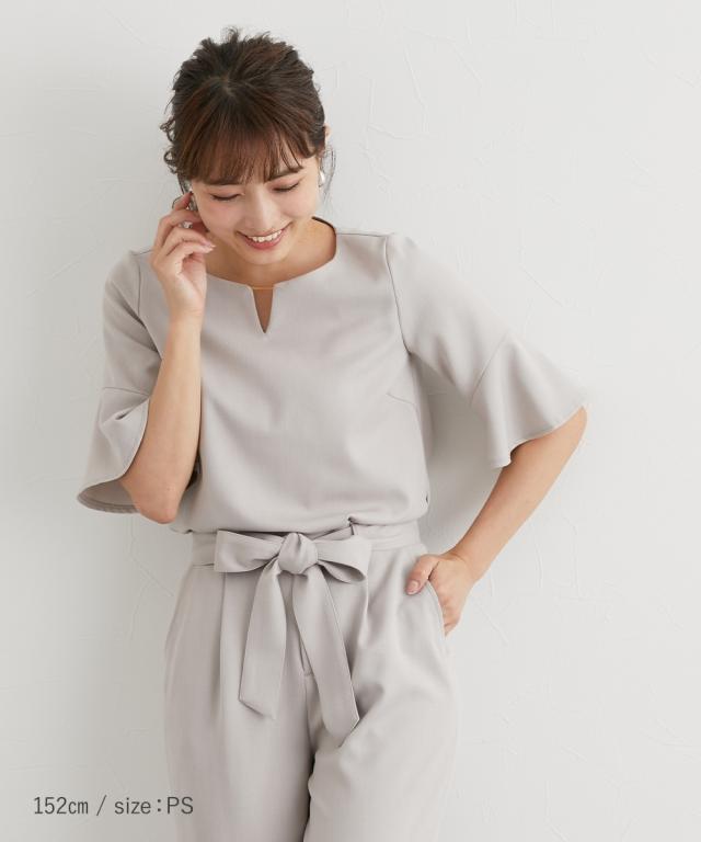 スーツ パンツ 小さいサイズ レディース ドビー素材 セットアップ 3点セット ノーカラー ジャケット ＋フレア袖 ブラウス ＋リボン付ワイド ニッセン nissen_14