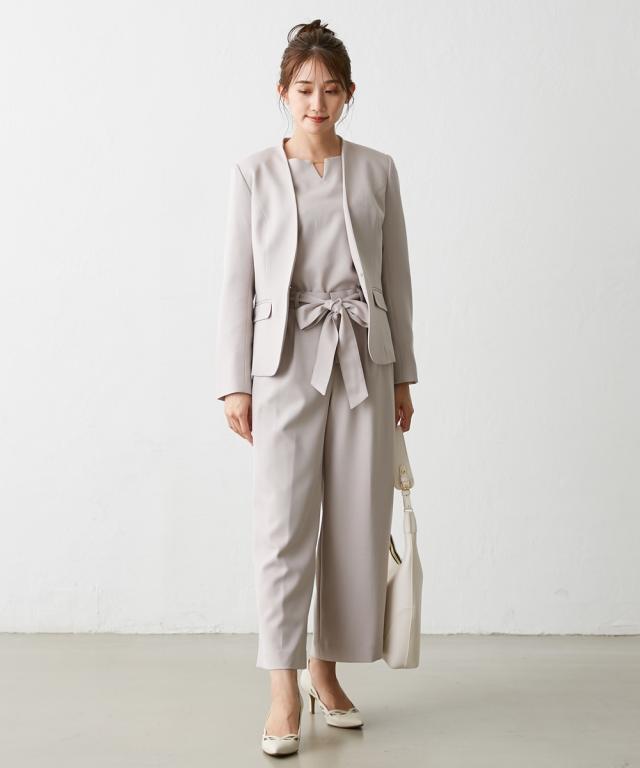 スーツ パンツ 小さいサイズ レディース ドビー素材 セットアップ 3点セット ノーカラー ジャケット ＋フレア袖 ブラウス ＋リボン付ワイド ニッセン nissen_15