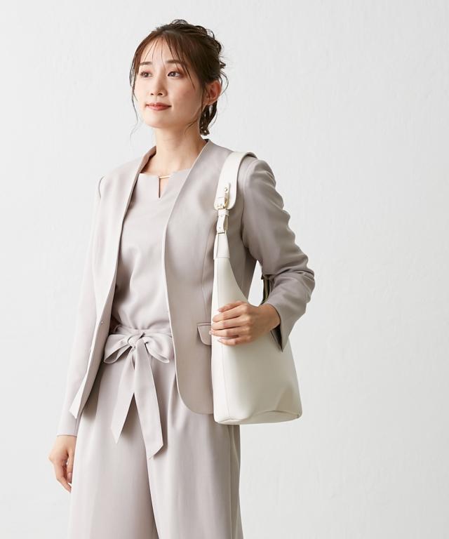 スーツ パンツ 小さいサイズ レディース ドビー素材 セットアップ 3点セット ノーカラー ジャケット ＋フレア袖 ブラウス ＋リボン付ワイド ニッセン nissen_16