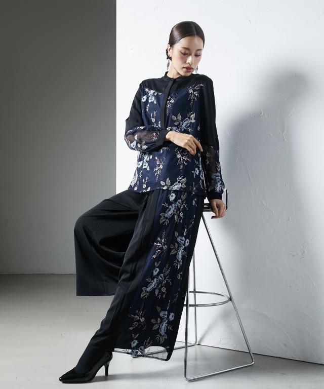 ブラウス レディース パーティー オケージョン 結婚式 Callarus ヨーク切替 刺しゅう チュール使い デザイン S/M/L ネイビー系 セットアップ可 単品 ドレス フォーマル セレモニー ニッセン nissen_9