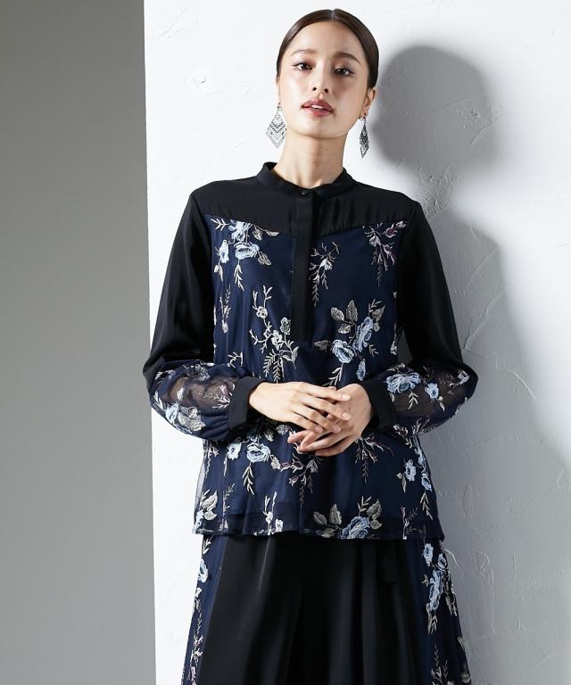 ブラウス レディース パーティー オケージョン 結婚式 Callarus ヨーク切替 刺しゅう チュール使い デザイン S/M/L ネイビー系 セットアップ可 単品 ドレス フォーマル セレモニー ニッセン nissen_10