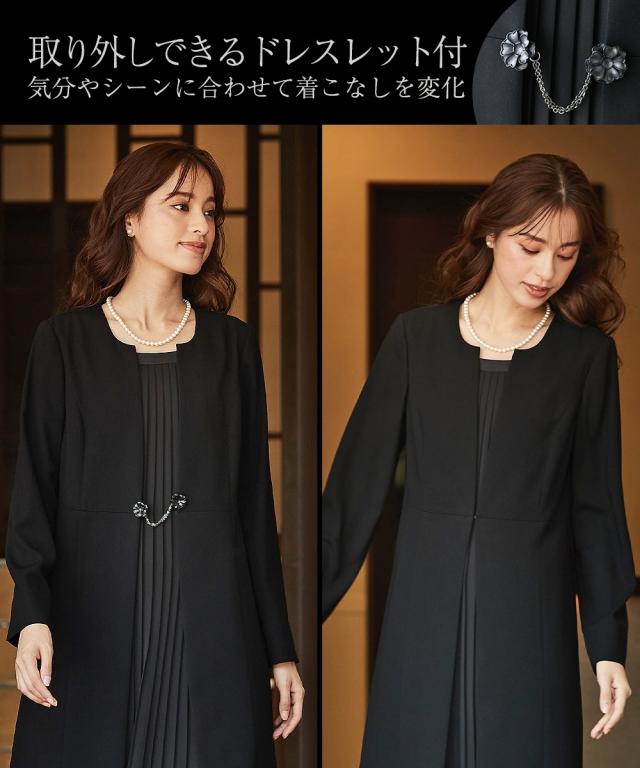 喪服 ワンピース レディース 礼服 防しわフロント プリーツ アンサンブル風 前開き 有 黒 S/M/L ニッセン nissen 喪服 ワンピース レディース 礼服 防しわフロント プリーツ