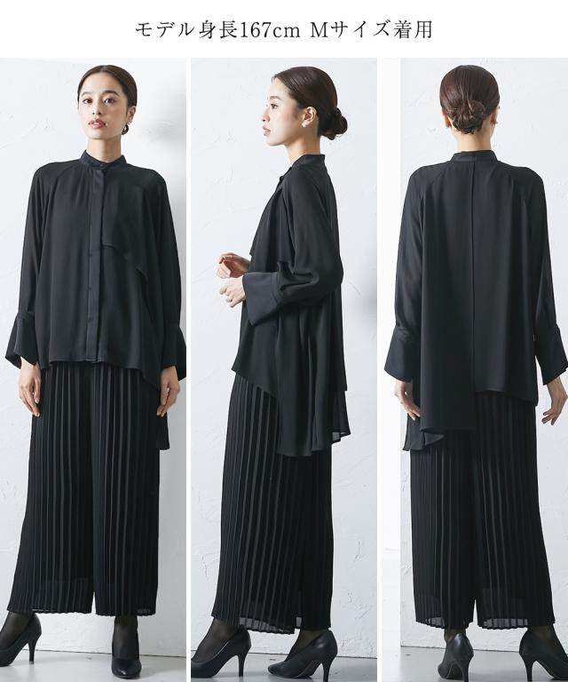 喪服 スーツ パンツ レディース 礼服 Callarus 日本製生地使用防しわイレヘム デザイン ブラウス ＋ プリーツ セットアップ 有 黒 M/L ニッセン nissen agesugi_sfa 喪服 スーツ パンツ レディース 礼服 Callarus 日本製生地使用防しわ