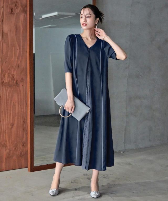 ドレス ワンピース レディース 結婚式 パーティー Callarus Front Lace Pleats Design Onepiece Dress 有 ネイビー系/黒系 M/L ニッセン nissen_2