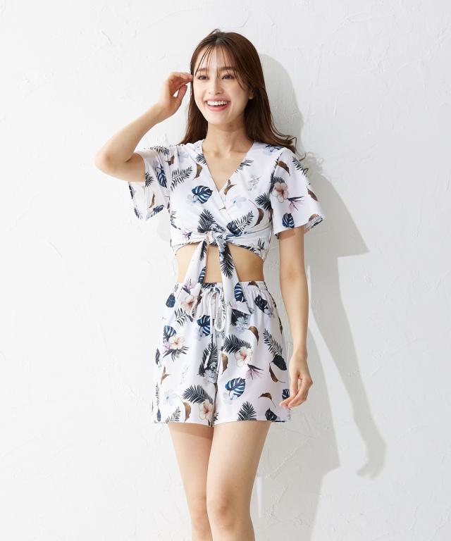 水着 レディース 半袖 カシュクールビキニ 3点セット アイボリー/ネイビー 3L/4L/5L/6L ニッセン nissen 水着 レディース 半袖 カシュクールビキニ 3点セット アイボリー