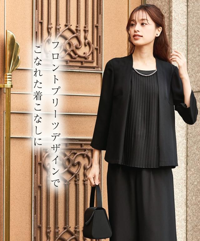 喪服 スーツ パンツ レディース 礼服 洗える防しわ重ね着風フロント プリーツ ブラウス ワイド セット 有 黒 S/M/L ニッセン nissen_4