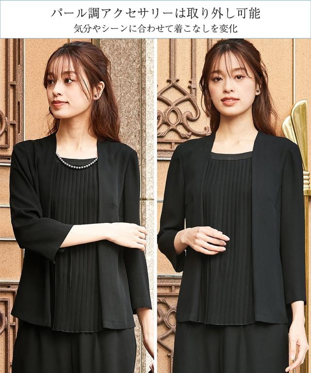 喪服 スーツ パンツ レディース 礼服 洗える防しわ重ね着風フロント プリーツ ブラウス ワイド セット 有 黒 S/M/L ニッセン nissen_5