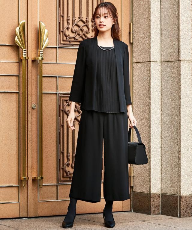 喪服 スーツ パンツ レディース 礼服 洗える防しわ重ね着風フロント