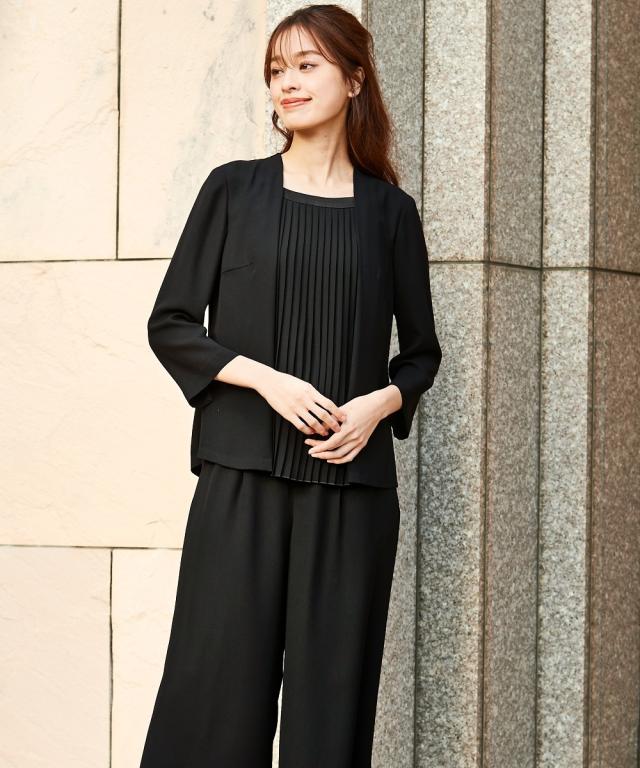 喪服 スーツ パンツ レディース 礼服 洗える防しわ重ね着風フロント プリーツ ブラウス ワイド セット 有 黒 S/M/L ニッセン nissen_16