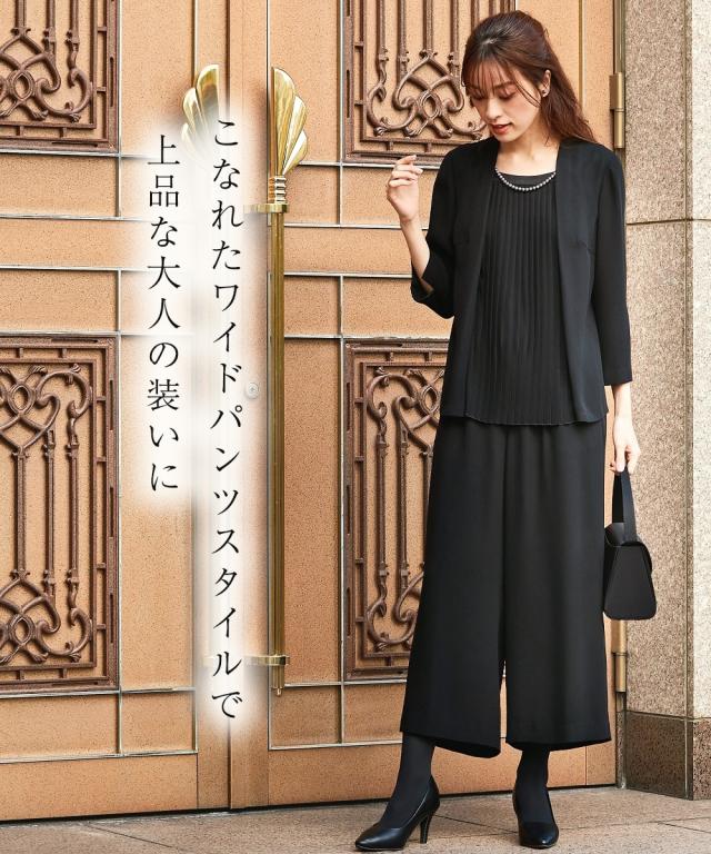喪服 スーツ パンツ 大きいサイズ レディース 礼服 洗える防しわ重ね着風フロント プリーツ ブラウス ワイド セット 有 8L ニッセン nissen_3