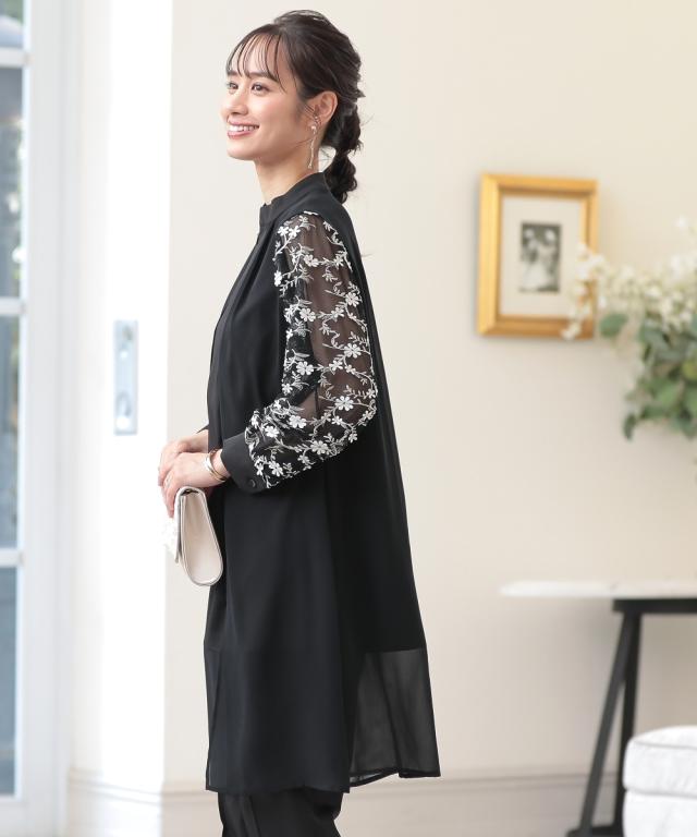 ドレス パンツ レディース 結婚式 パーティー 袖チュール レース