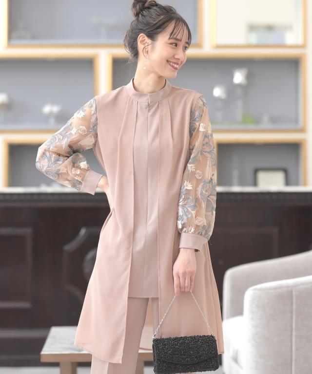 ドレス パンツ レディース 結婚式 パーティー 袖チュール レース