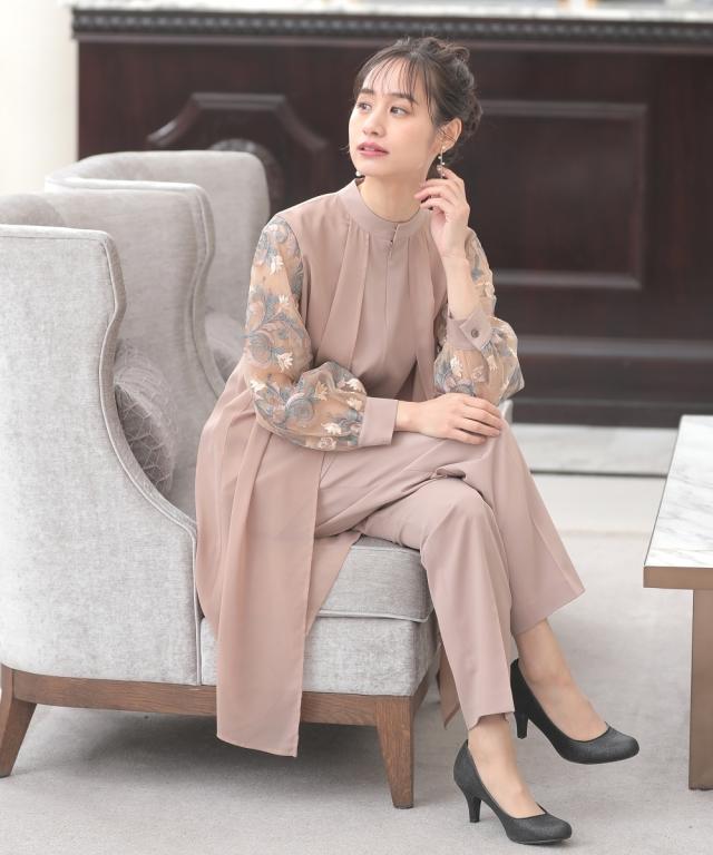 ドレス パンツ レディース 結婚式 パーティー 袖チュール レース