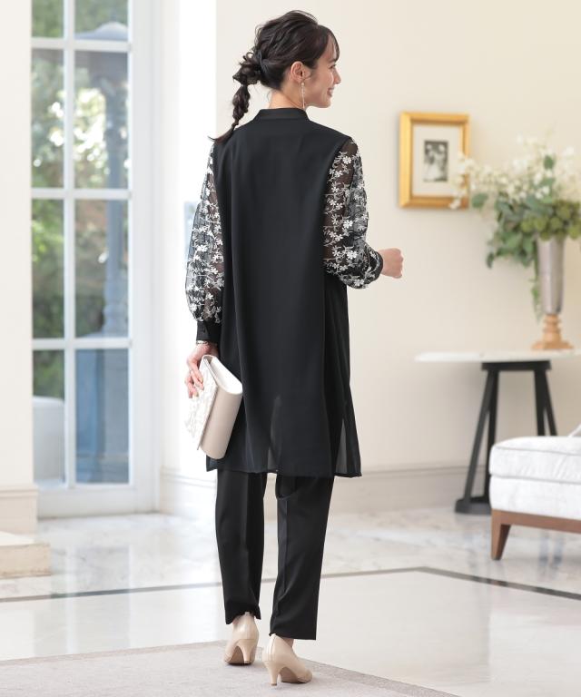 ドレス パンツ レディース 結婚式 パーティー 袖チュール レース  