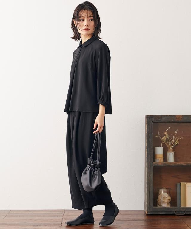 喪服 スーツ パンツ 大きいサイズ レディース 礼服 日本製生地使用 洗える防しわラグランスリーブ デザイン ブラウス ＋ワイド セットアップ ｜ 有〔Neina〕 黒 4L/5L/6L ニッセン nissen_12