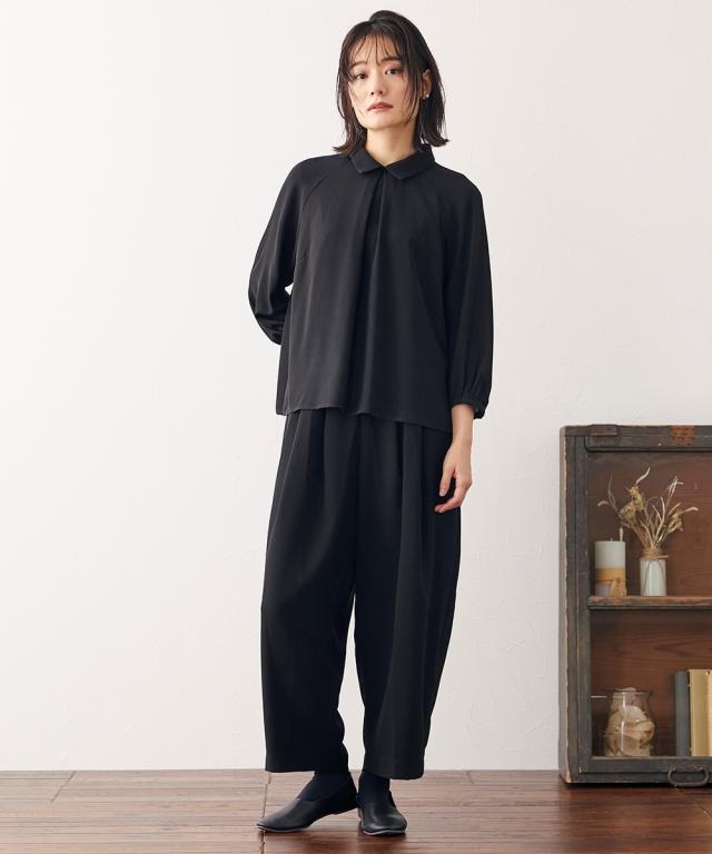 喪服 スーツ パンツ 大きいサイズ レディース 礼服 日本製生地使用 洗える防しわラグランスリーブ デザイン ブラウス ＋ワイド セットアップ ｜ 有〔Neina〕 黒 4L/5L/6L ニッセン nissen_13