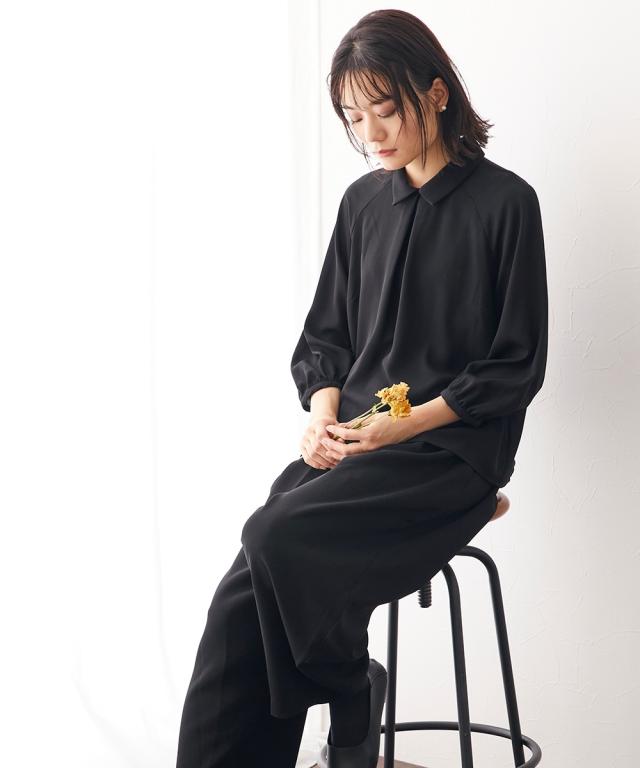 喪服 スーツ パンツ 大きいサイズ レディース 礼服 日本製生地使用 洗える防しわラグランスリーブ デザイン ブラウス ＋ワイド セットアップ ｜ 有〔Neina〕 黒 4L/5L/6L ニッセン nissen_14