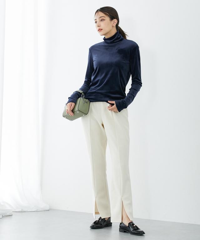 パンツ ワイド トールサイズ レディース 高身長 裏起毛フロントカット arim 冬 オフホワイト/黒 M/L ニッセン nissen agesugi_sfaの通販は